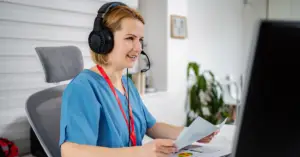 Human vs AI in medical virtual assistance showing a human virtual assistant handling patient scheduling, calls, and administrative healthcare tasks