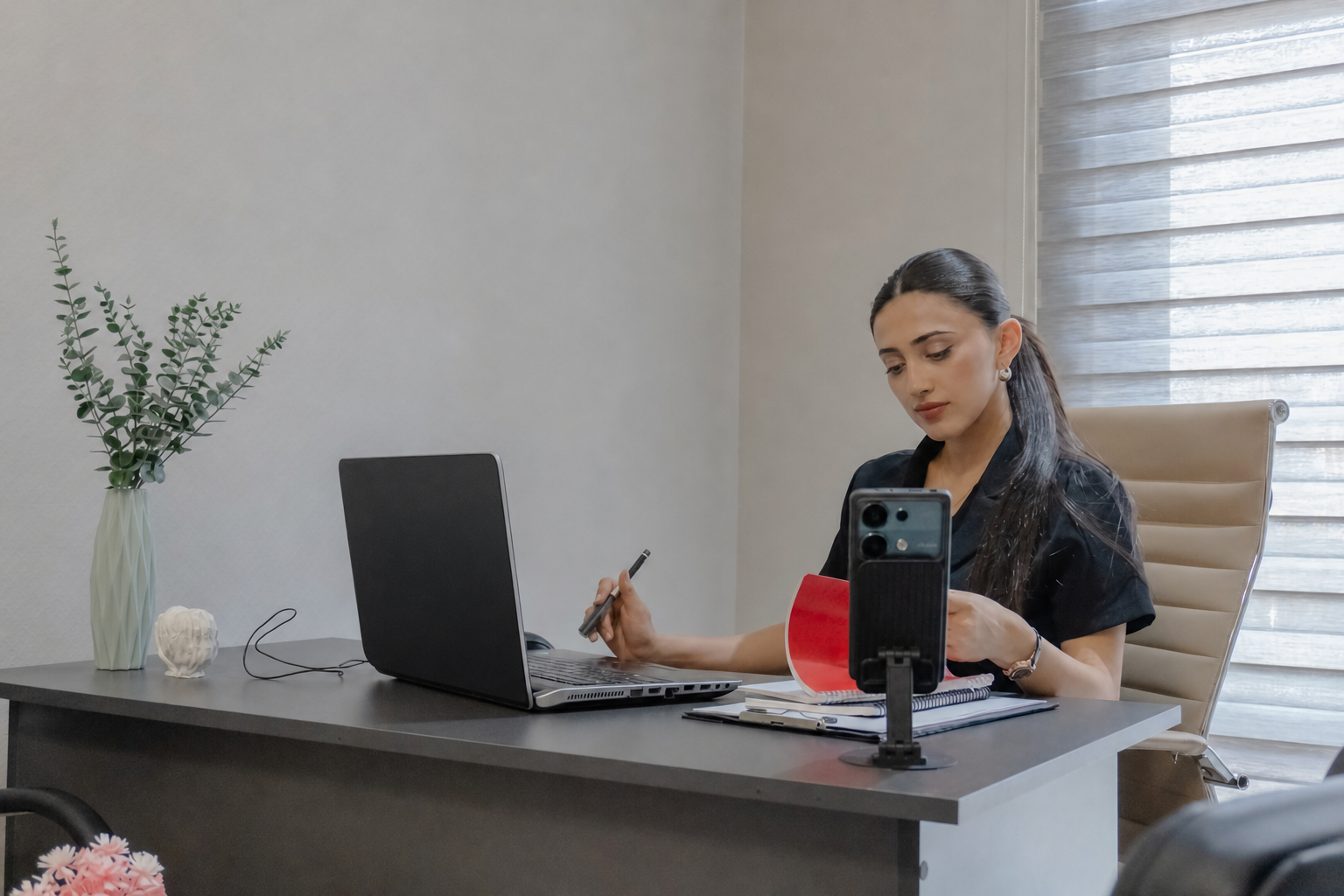 Virtual assistant handling calls and computer-based scheduling from an office desk