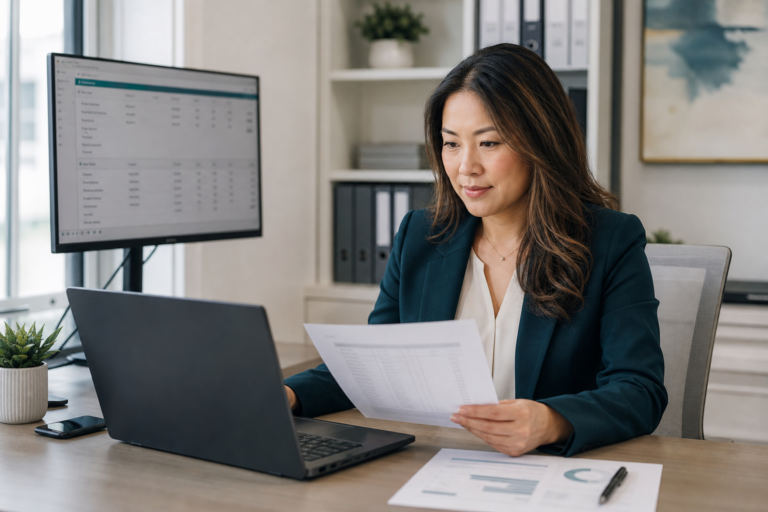 Professional Asian revenue-cycle assistant reviewing insurance and claims information at a workstation