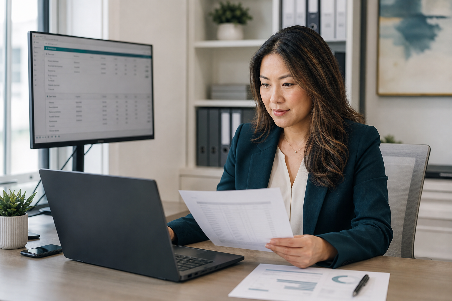 Professional Asian revenue-cycle assistant reviewing insurance and claims information at a workstation