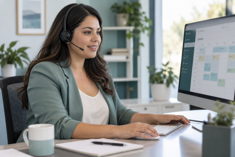 Bilingual practice support assistant wearing a headset while working at her computer.