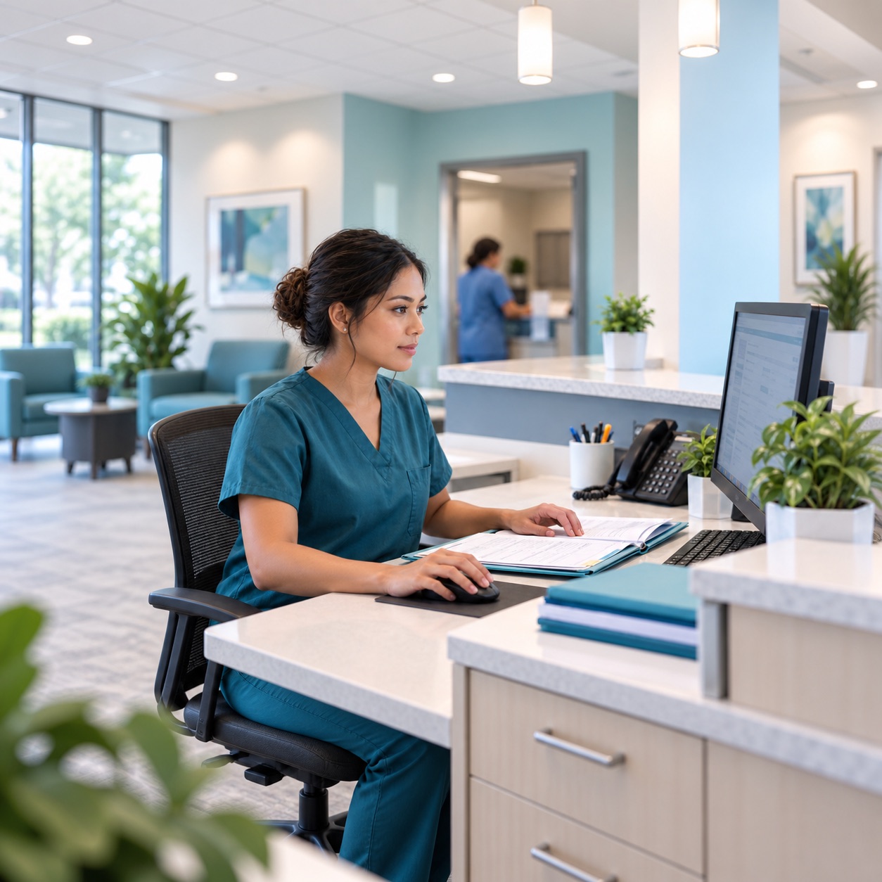 Care coordination assistant in teal scrubs reviewing a medical chart at her computer.
