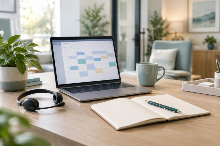 Laptop, headset and open notebook on a bright, organized workspace.