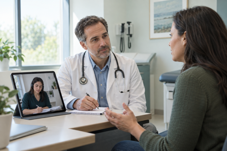 Doctor consulting with a patient while a remote medical scribe takes notes on a tablet video call.