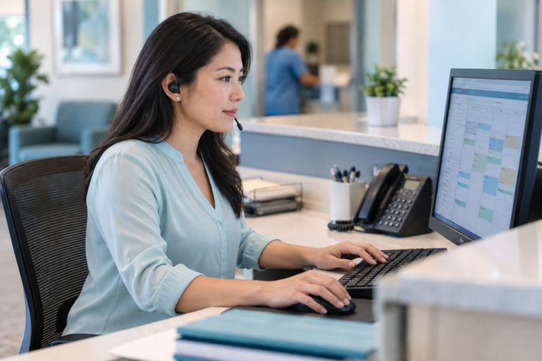 Receptionist wearing a headset and reviewing an appointment calendar on her computer.
