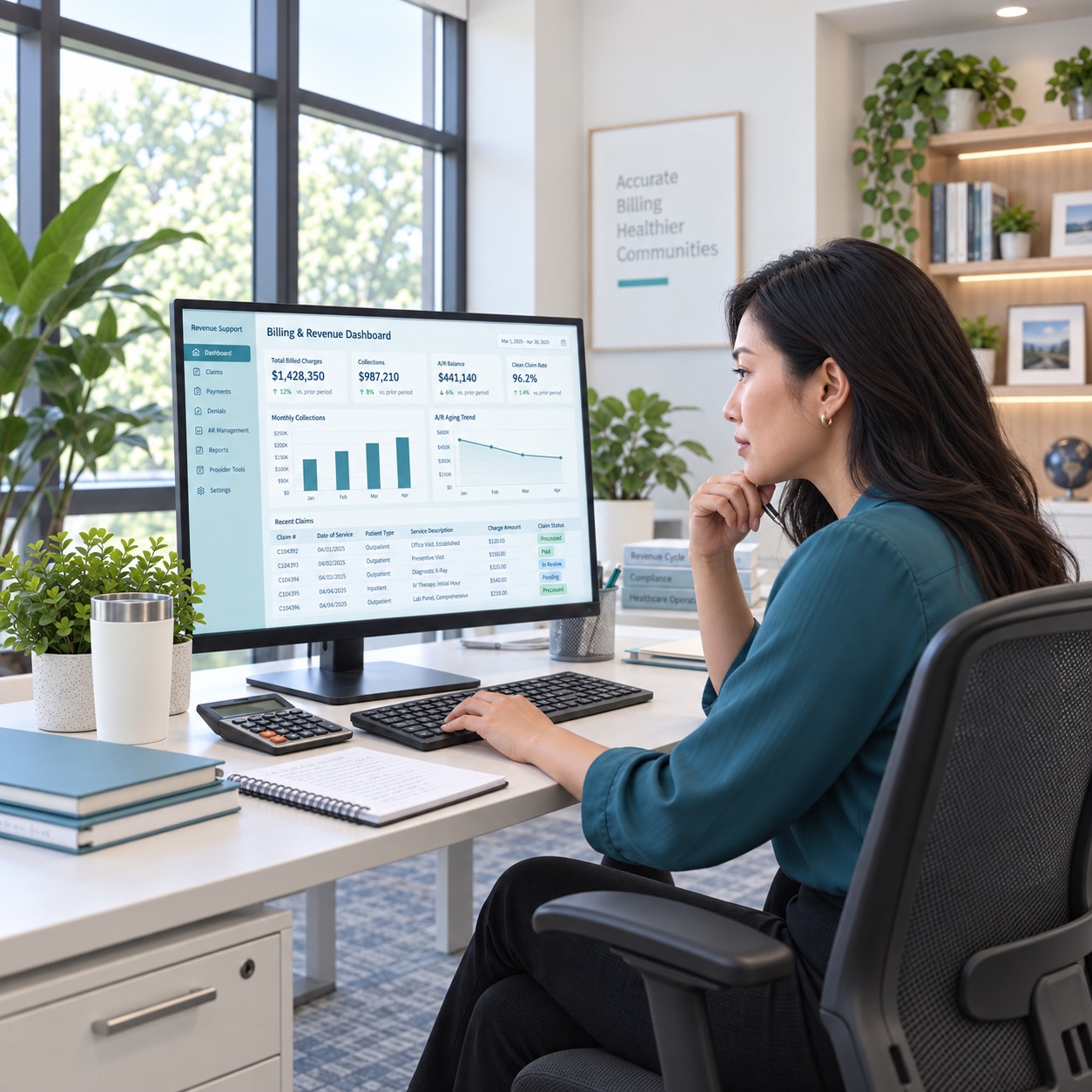 Revenue support assistant reviewing billing figures and charts on her computer.